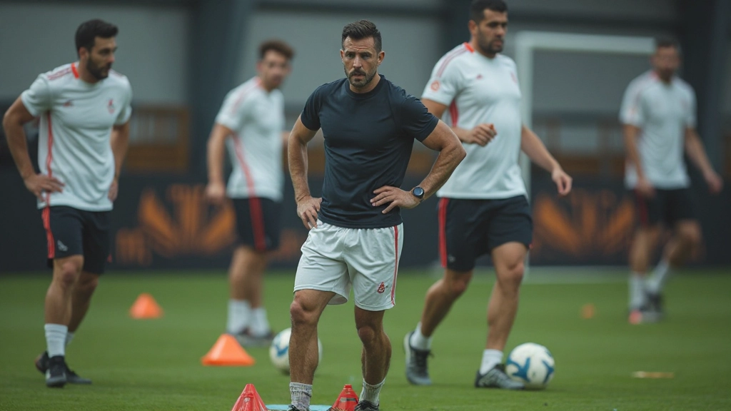 Fitness training session with soccer players performing endurance and strength conditioning exercises