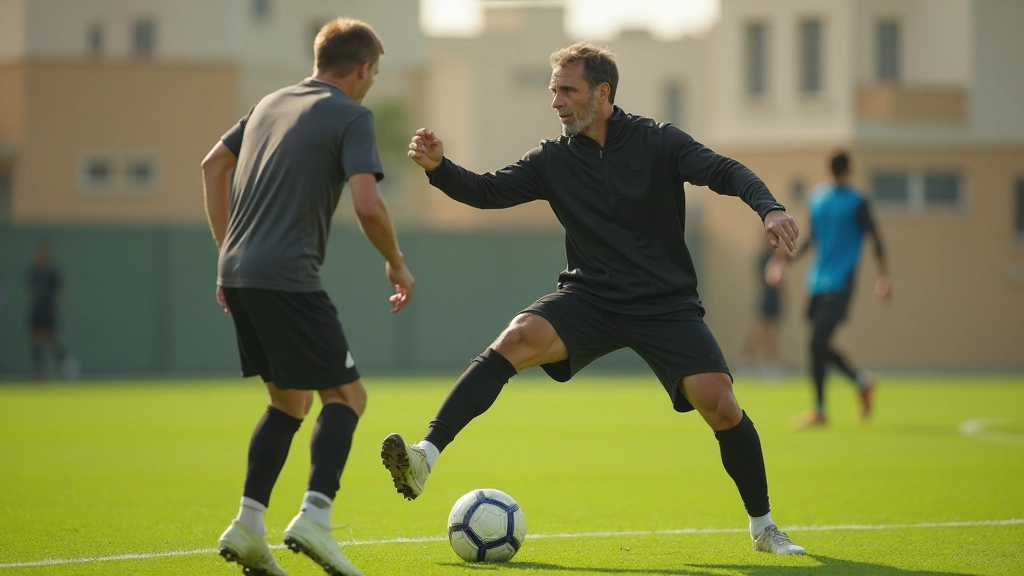 Professional soccer coach demonstrating ball control techniques to players on field