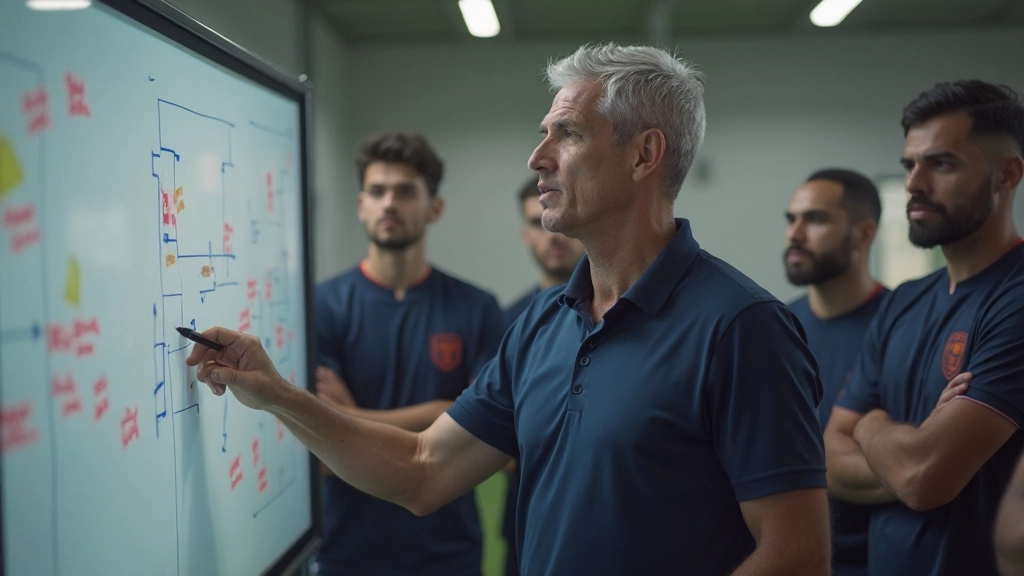 Coach analyzing team performance using tactical board and video review session