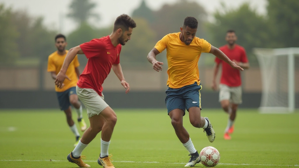 Players practicing passing combinations during team training with goalkeeper in background
