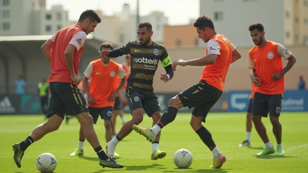 Football players executing passing combination during training drill with movement