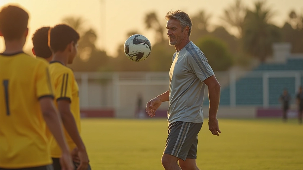 Professional soccer coach demonstrating training techniques with players on football field