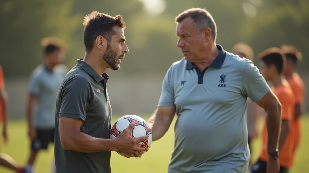 Professional soccer coach demonstrating ball control techniques to players on field