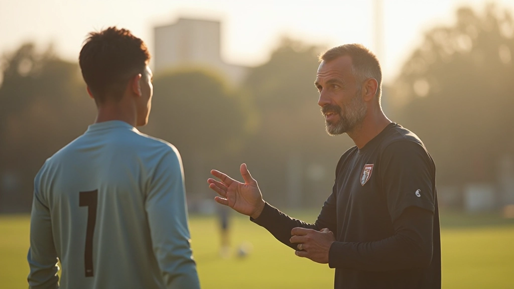 Professional coach providing instruction and feedback to soccer player during training session