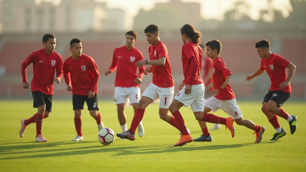 Soccer training session showing athletes performing passing drills in organized formation